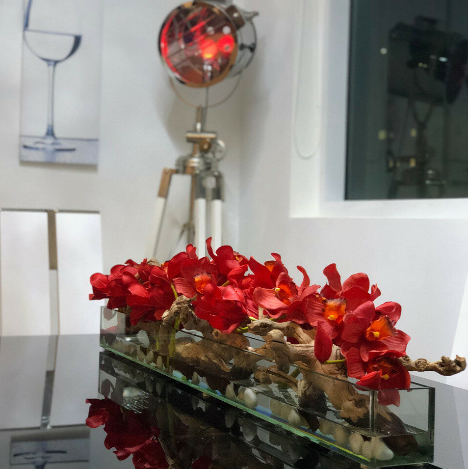 120 cm moderna casa vidrio jardinera con rojo cymbidium orquídeas.