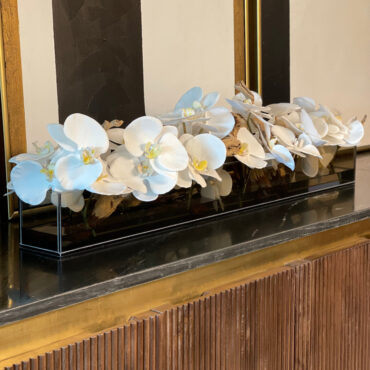 36″ Casa Moderna negro teñido vidrio plato jardinera con blanco phalaenopsis orquídeas