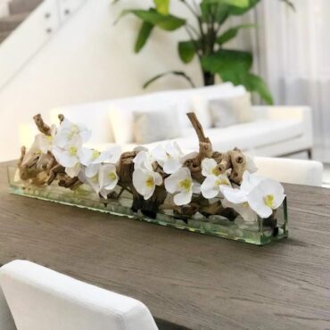 48″ Casa Moderna vidrio plato jardinera con blanco orquídeas