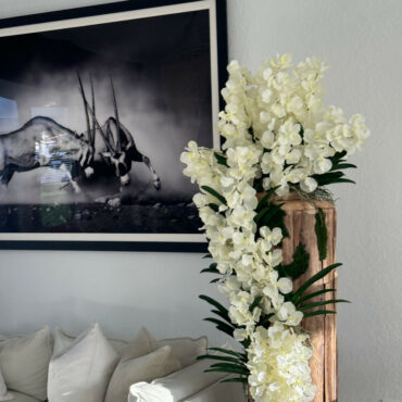 grande vivo borde teca jarrón con blanco vanda orquídeas